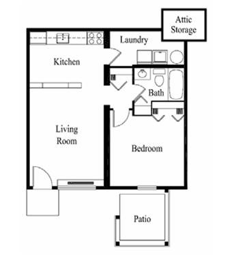 A floor plan of a small apartment with a living room, kitchen, bedroom, bathroom, and patio.